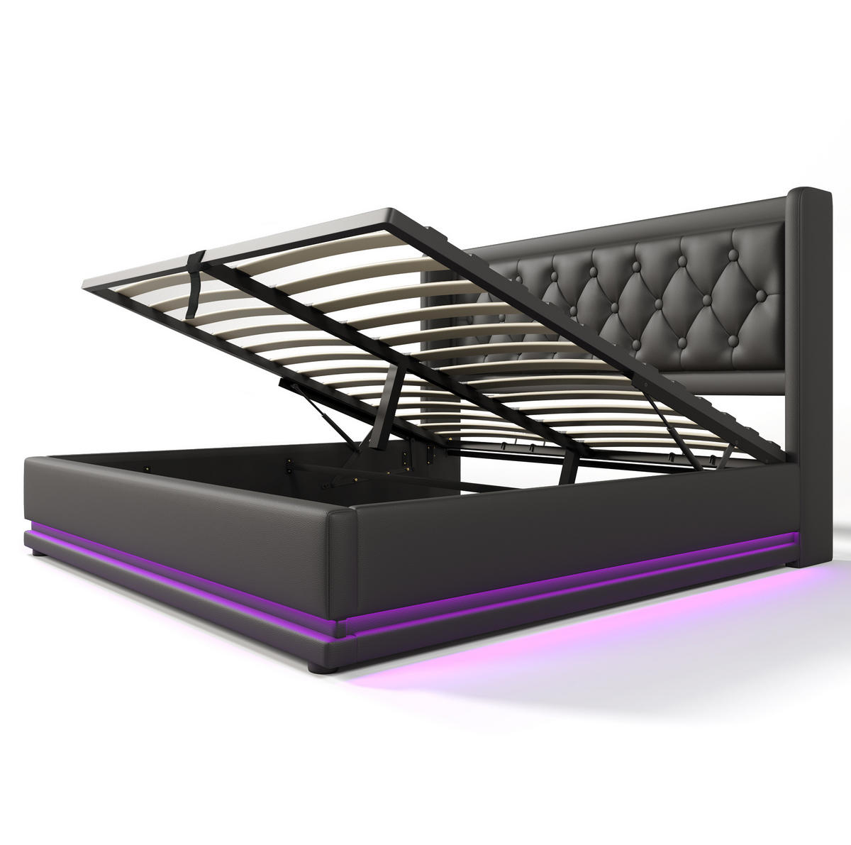 POLSTERBETT 140/200 cm mit Bettkasten, LED und USB-C in Schwarz - Schwarz, Kunststoff (140/200cm) - BEAOK