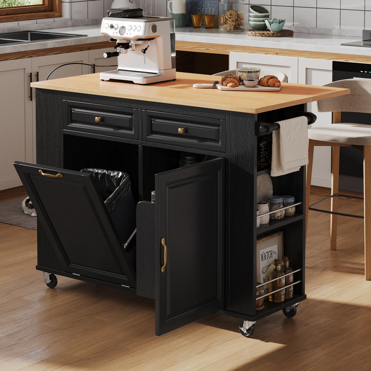 KÜCHENINSEL mit Klappplatte 120 cm Schwarz/Natur MDF - Schwarz, Holz (70/92/120cm) - Beauniv