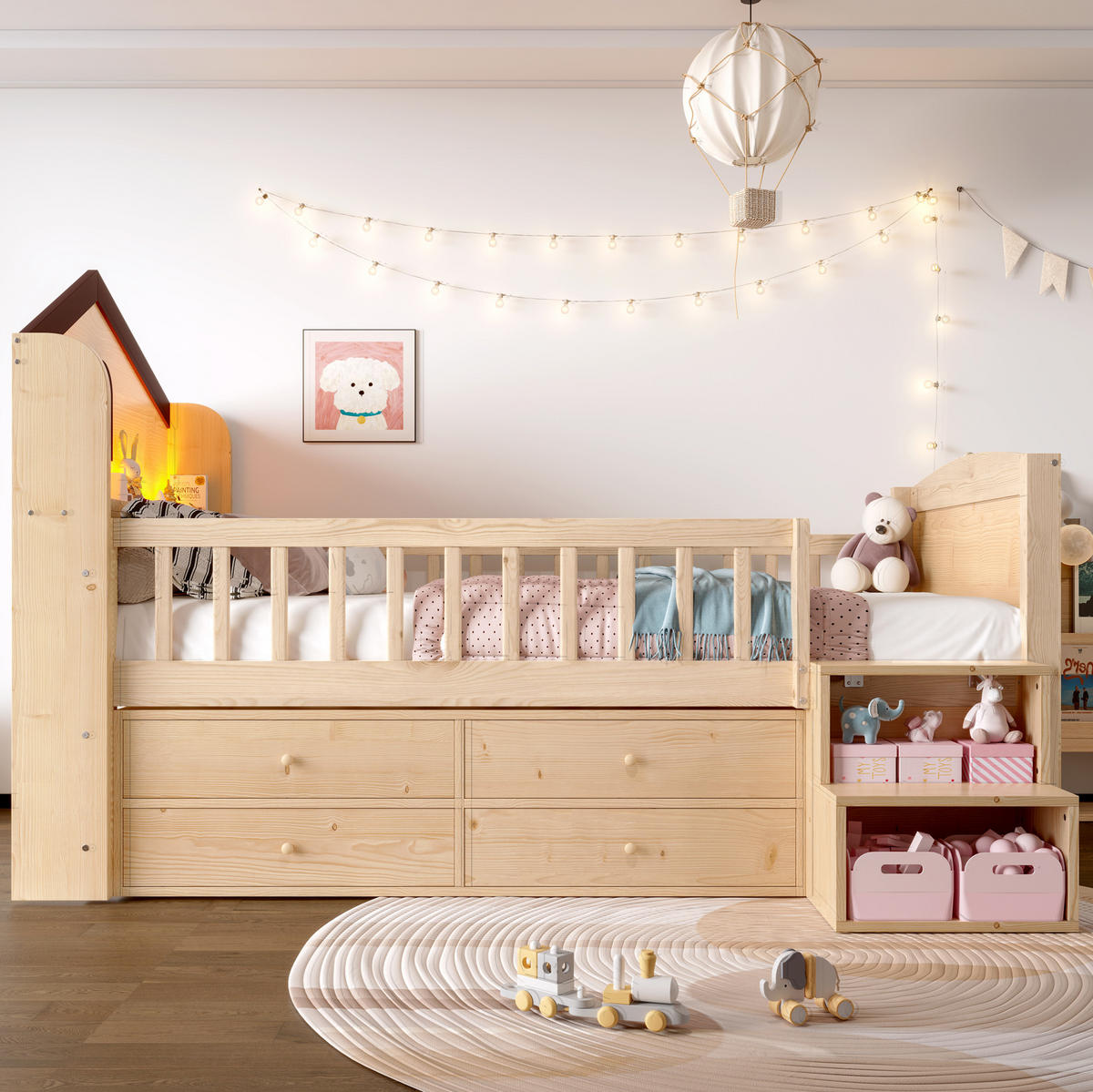 HALBHOHES BETT Hausform 90/200 cm mit LED und Stauraum ohne Matratze - Naturfarben, Holz (90/200cm) - MIVRAY