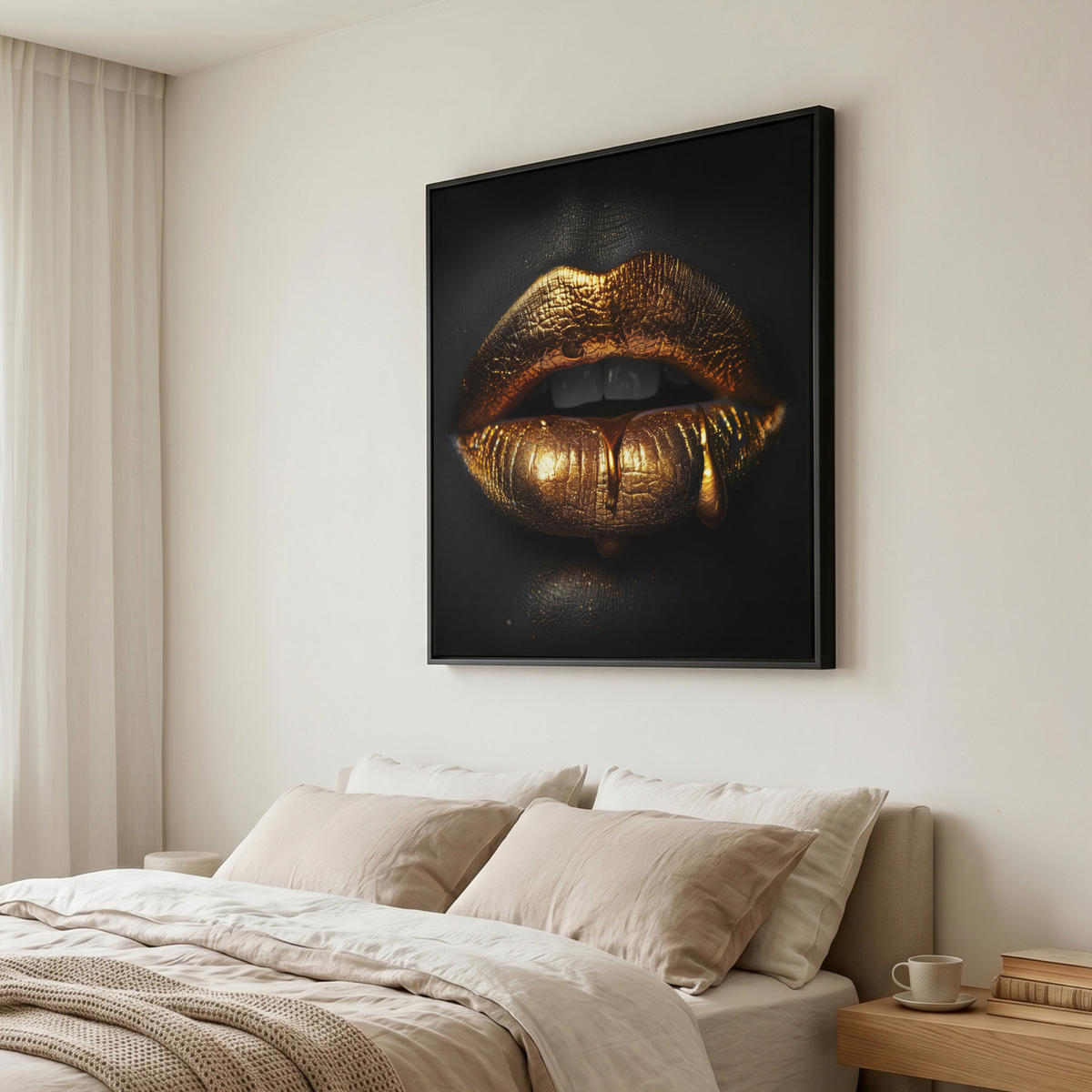 LEINWAND Bilder mit Rahmen - Frau - Porträt - Lippen - Gold - Schwarz - 90x90 - Schwarz, Textil (90/90cm) - MuchoWow