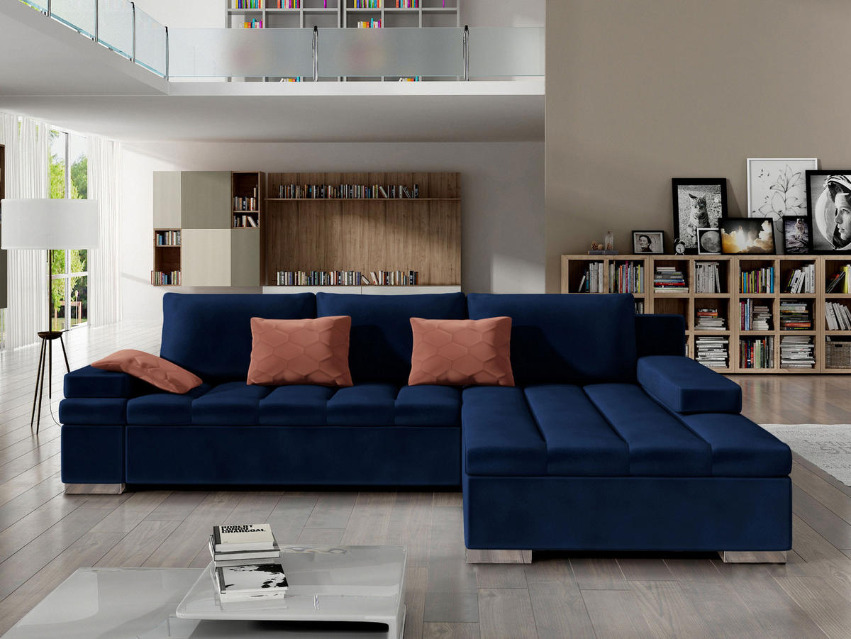 ECKSOFA Bangkok, Seite: Rechts - Silberfarben/Dunkelblau, Holz/Textil (310/175cm) - MIRJAN24