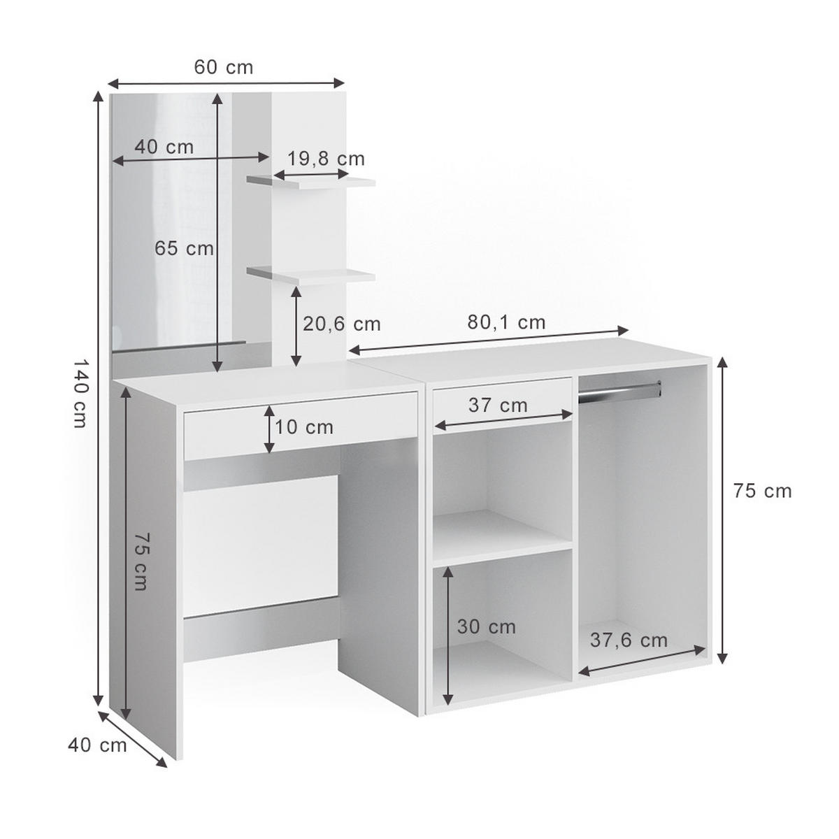 SCHMINKTISCH Isabelle Weiß 60 cm mit Schrank - Weiß, Holzwerkstoff (60/140/40cm) - Vicco
