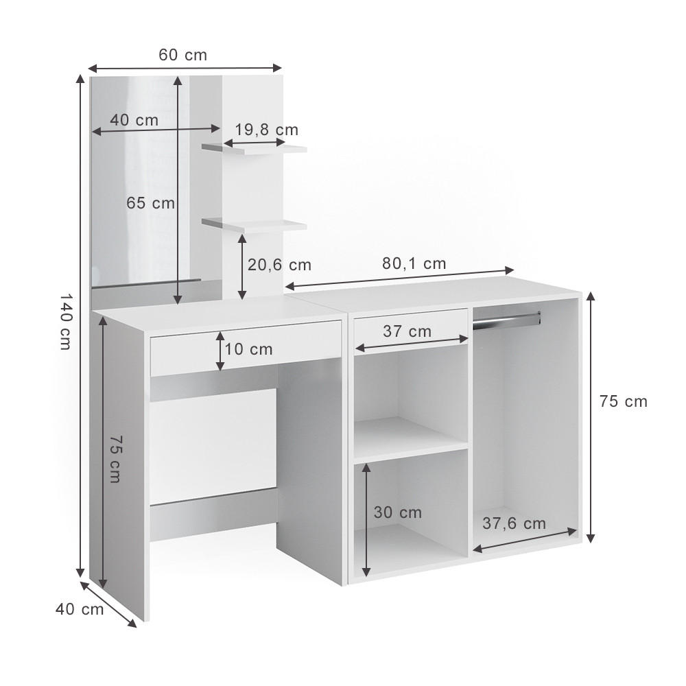Thumbnail - Vicco Schminktisch, Weiß, Holzwerkstoff, 8 Fächer, 2 Schubladen, Rechteckig,Rechteckig, 140x140x40 cm, Schlafzimmer, Sch...