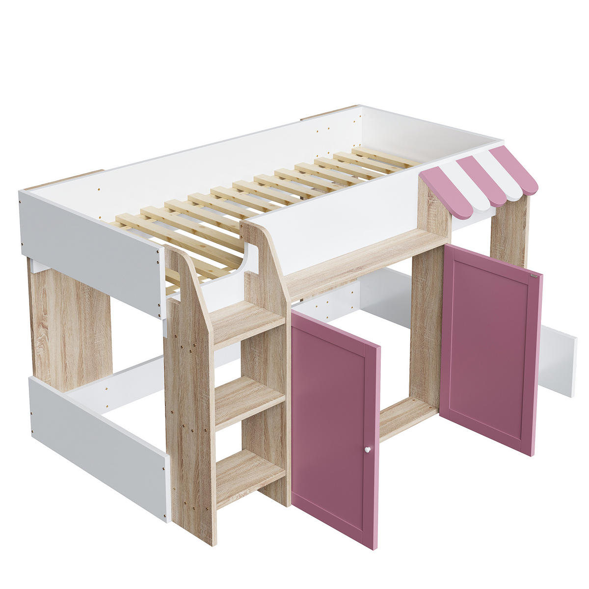 HOCHBETT aus Holz 90x200 cm in Rosa mit Leiter & Stauraum - Rosa, Holzwerkstoff (90/200cm) - Modfu