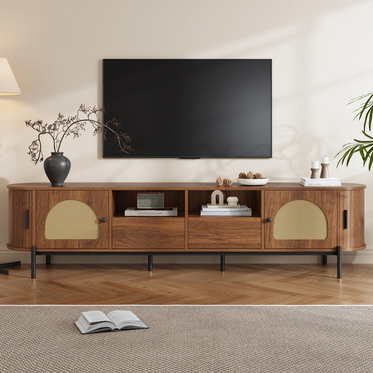 TV-SCHRANK Oval Rattan Schiebetüren Metallbeine modern - Walnussfarben, Holzwerkstoff (40/49.5/200cm) - FLIEKS