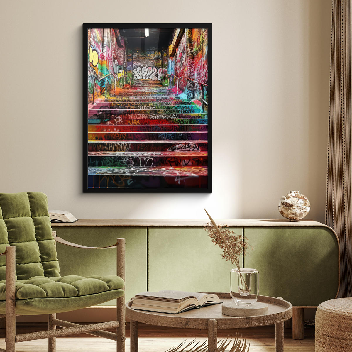 GERAHMTES BILD Treppe - Graffiti - Farben - Kunst 60x80 cm - Multicolor, Papier (60/80cm) - MuchoWow
