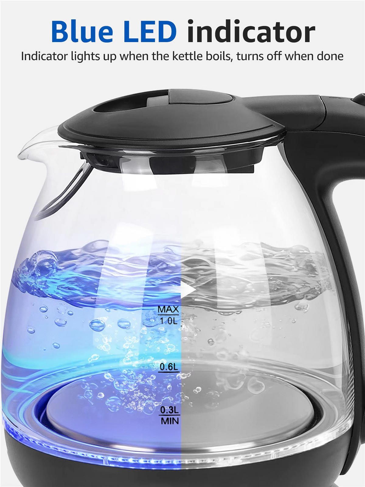 WASSERKOCHER Glas Mini 1L 2200W LED BPA-frei Schwarz - Schwarz, Glas (21.5/22.1/17.5cm) - Kaket