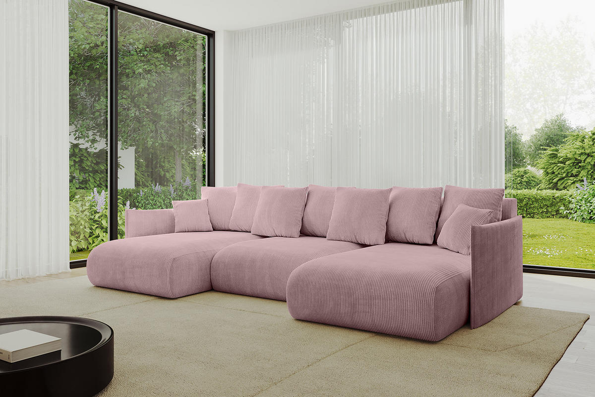 WOHNLANDSCHAFT mit Schlaffunktion und Bettkasten ONESK-U 317x177x72 Rosa Cord - Rosa, Holzwerkstoff/Kunststoff (317/72/177cm) - ALTDECOR