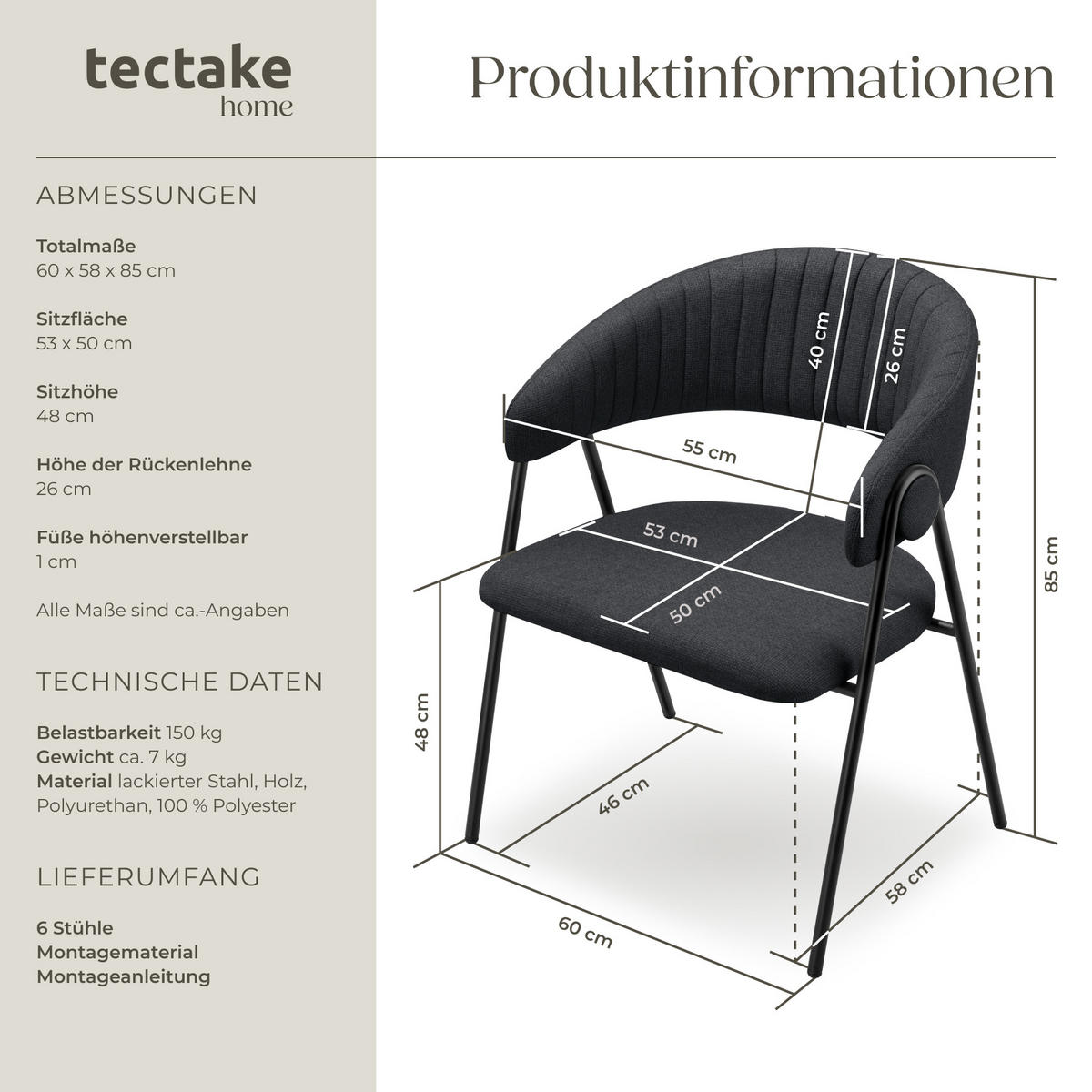ARMLEHNENSTUHL 6er Set Bedano 60 x 58 x 85 cm schwarz - Schwarz, Kunststoff (60/85/58cm) - tectake