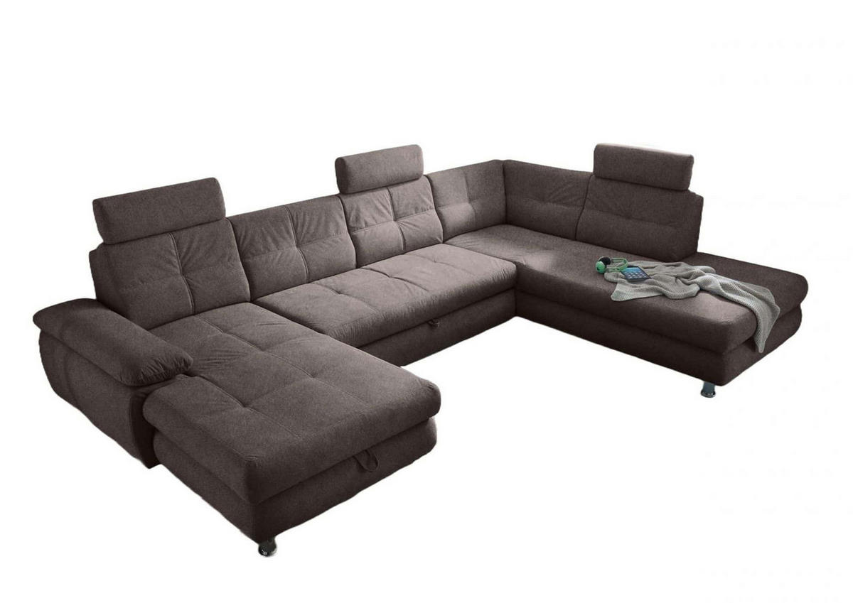WOHNLANDSCHAFT mit Schlaffunktion, Bettkasten und verstellbaren Arm- und Kopflehnen - Chromfarben/Braun, Textil/Metall (233/88/349cm) - ed exciting design