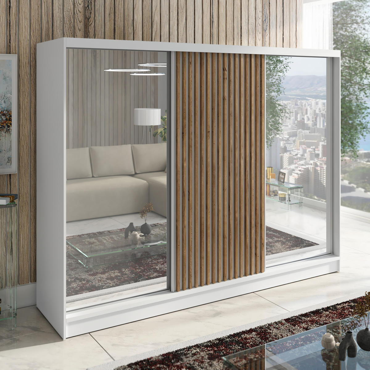 SCHWEBETÜRENSCHRANK 200 CM DIVER Farbe: Weiß - Weiß, Holzwerkstoff (200/215/59.5cm) - A&J MöbelLand