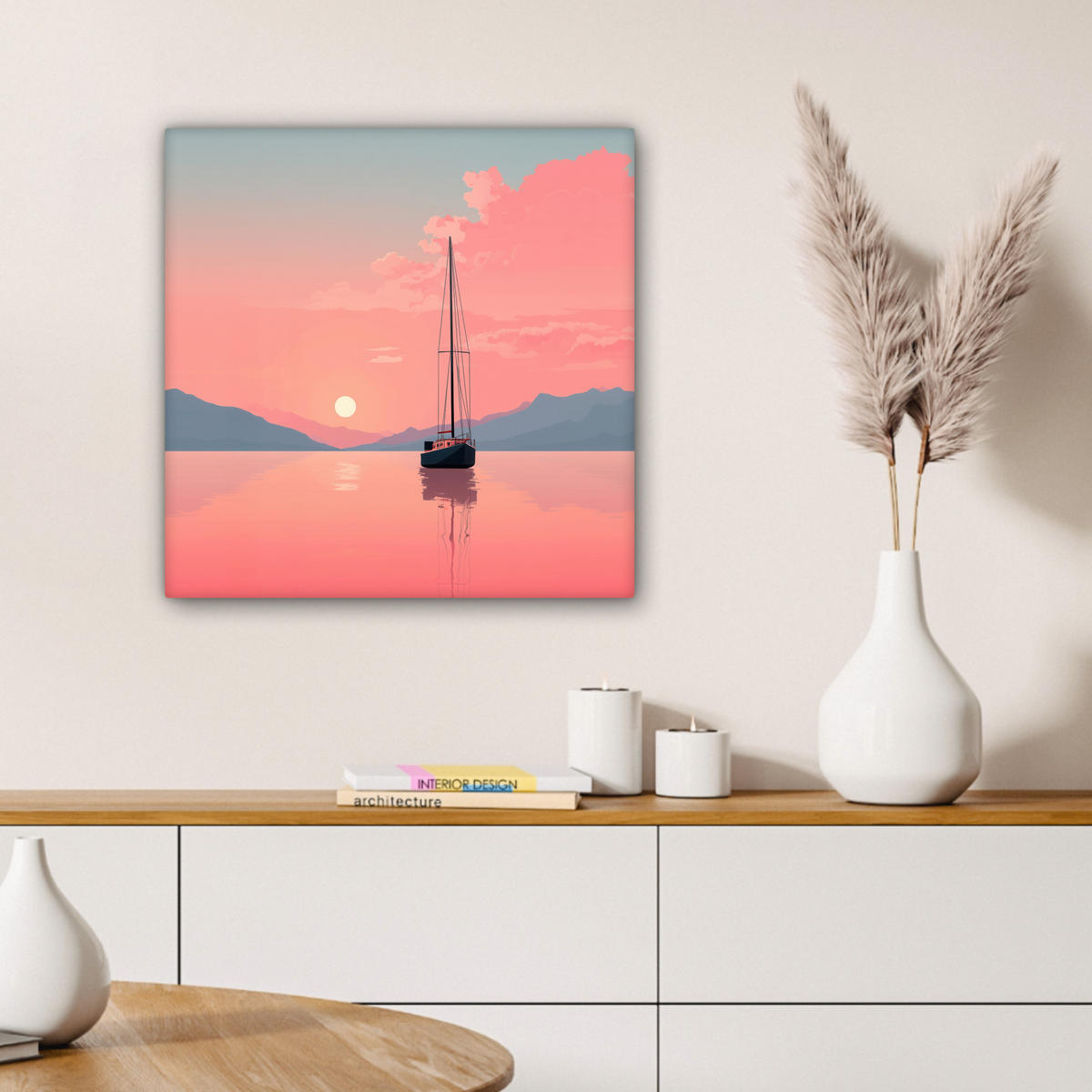 LEINWANDBILD Segelboot - Rosa Meer - Sonnenuntergang - Berge Wandbild Wohnzimmer 50x50 cm - Rosa, Textil (50/50cm) - MuchoWow
