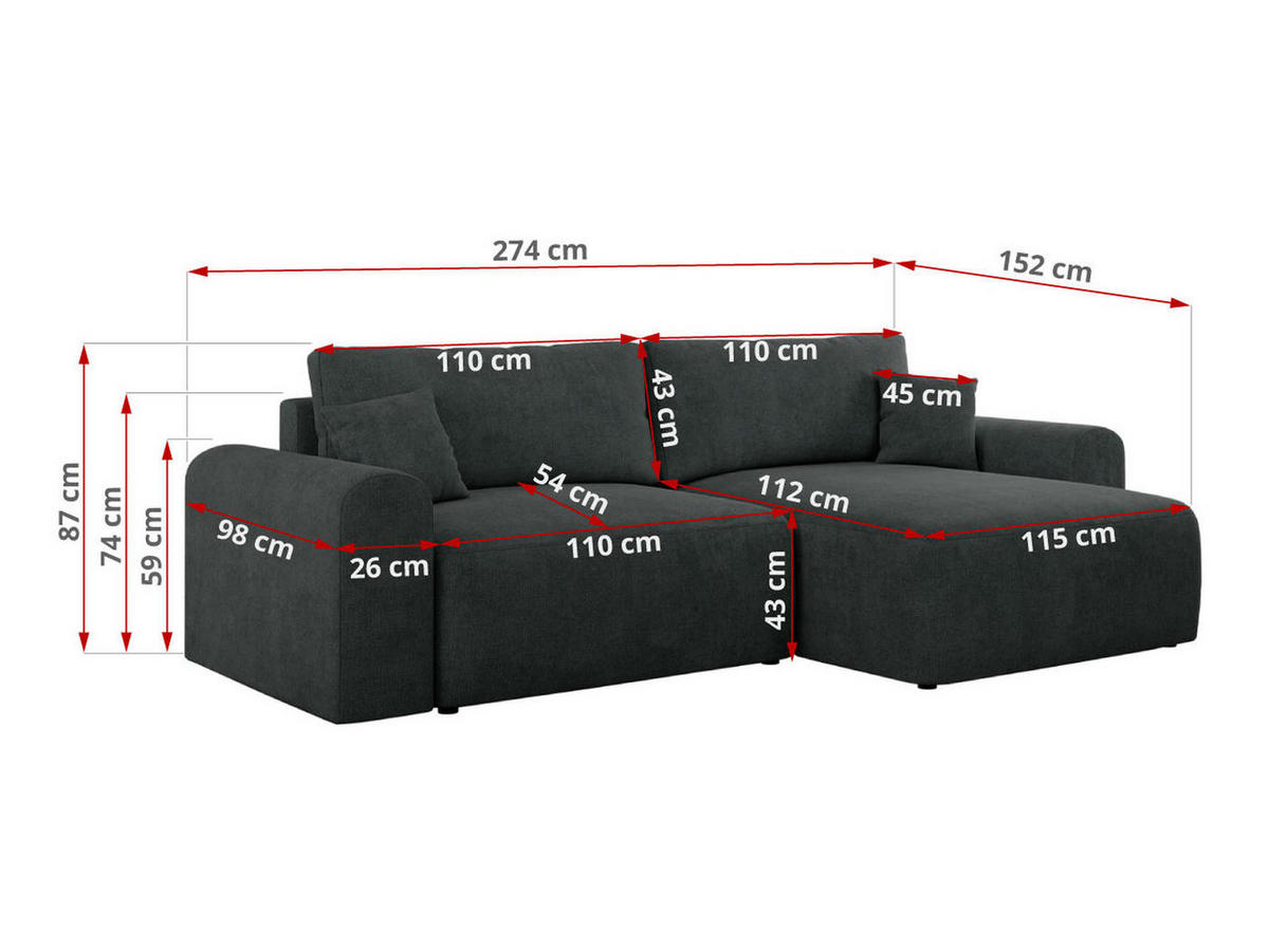 ECKSOFA NELSON Dunkelgrau Struktur - Dunkelgrau/Schwarz, Kunststoff/Textil (274/152cm) - MKS