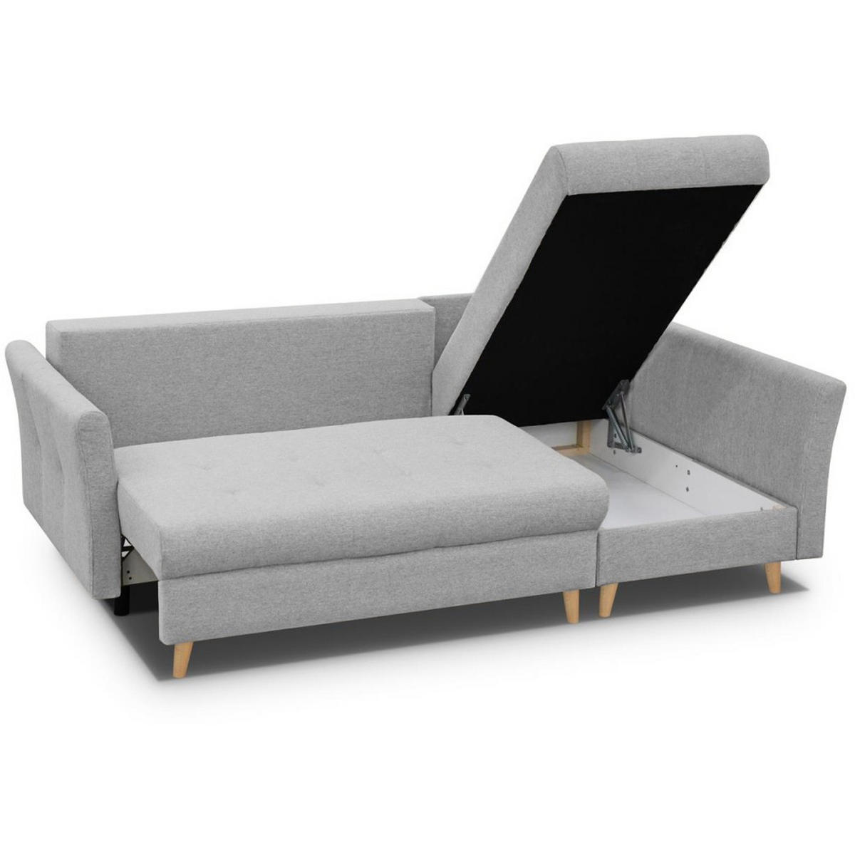ECKSCHLAFSOFA Neron mit 2 Bettkasten und Beine in Buchefarbe, Hellgrau, rechts - Buchefarben/Hellgrau, Textil (233/148cm) - Beautysofa