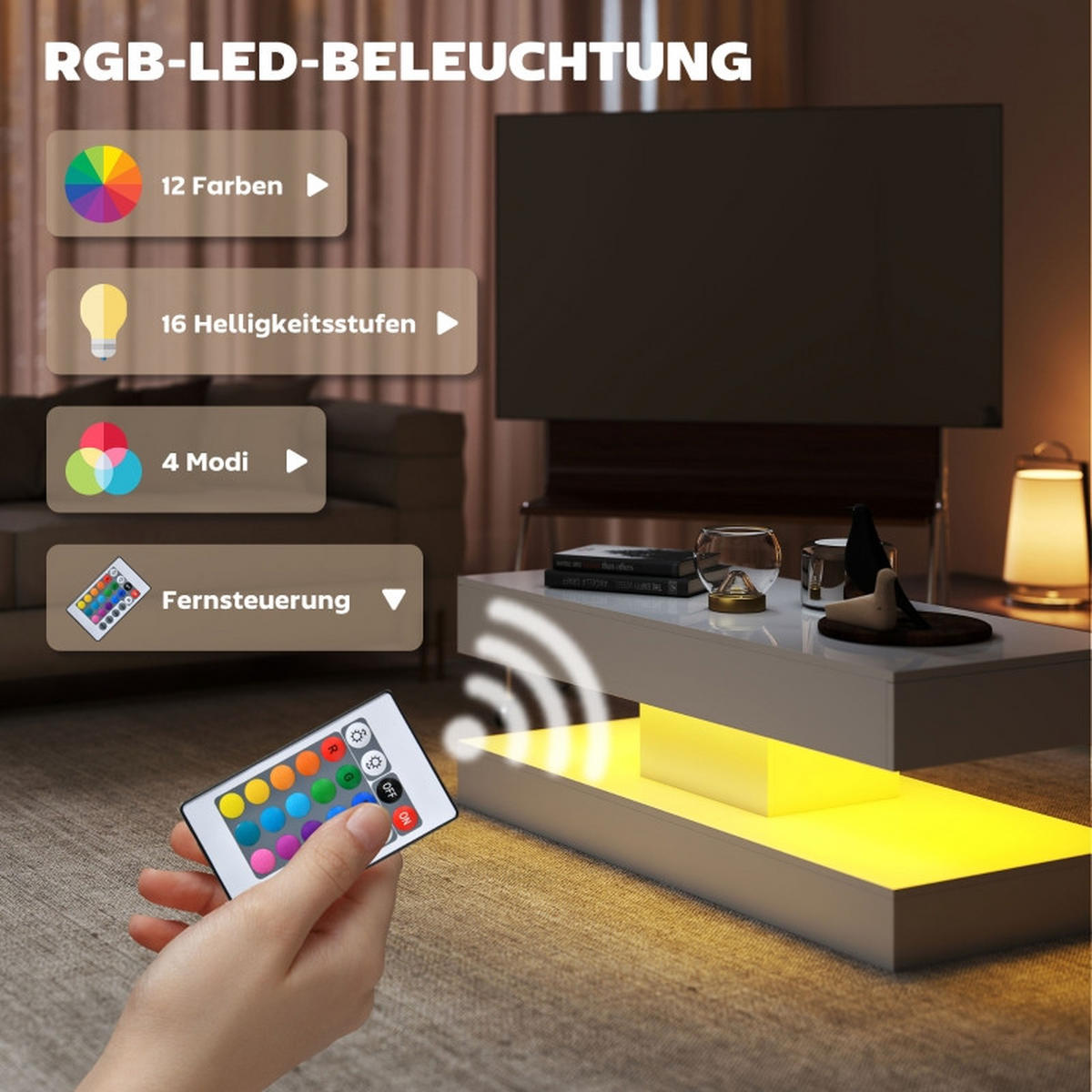 COUCHTISCH 120/50/42 cm weiß aus Holz mit LED-Beleuchtung und Schubladen - Weiß, Holz (120/50/42cm) - OKWISH