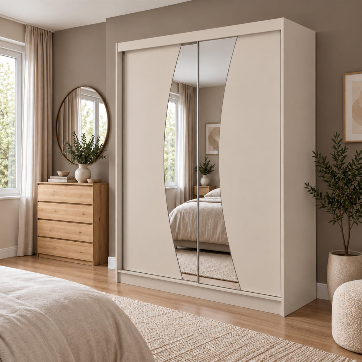 KLEIDERSCHRANK Nox 200 cm Kaschmir Spiegel 2 Schubladen Griffe silber - Kaschmir, Holzwerkstoff (200/216/61cm) - KS Home Concept