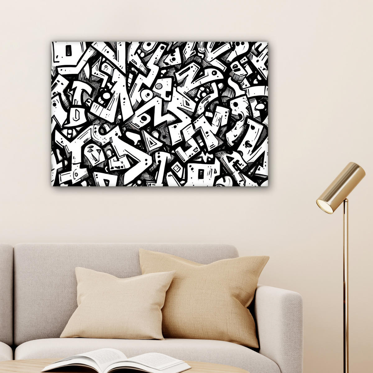 LEINWANDBILD Formen - Buchstaben - Graffiti - Schwarz Wanddeko 90x60 cm - Schwarz, Textil (90/60cm) - MuchoWow