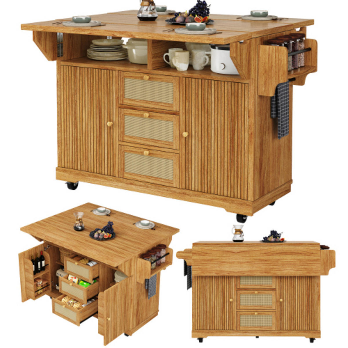 KÜCHENINSEL 142,5×40-80×95 cm aus MDF, Metall und PE-Rattan mit beidseitig klappbarer Tischverlängerung, dunkelbraun - Dunkelbraun, Holzwerkstoff (142.5/95/80cm) - Luhomfu