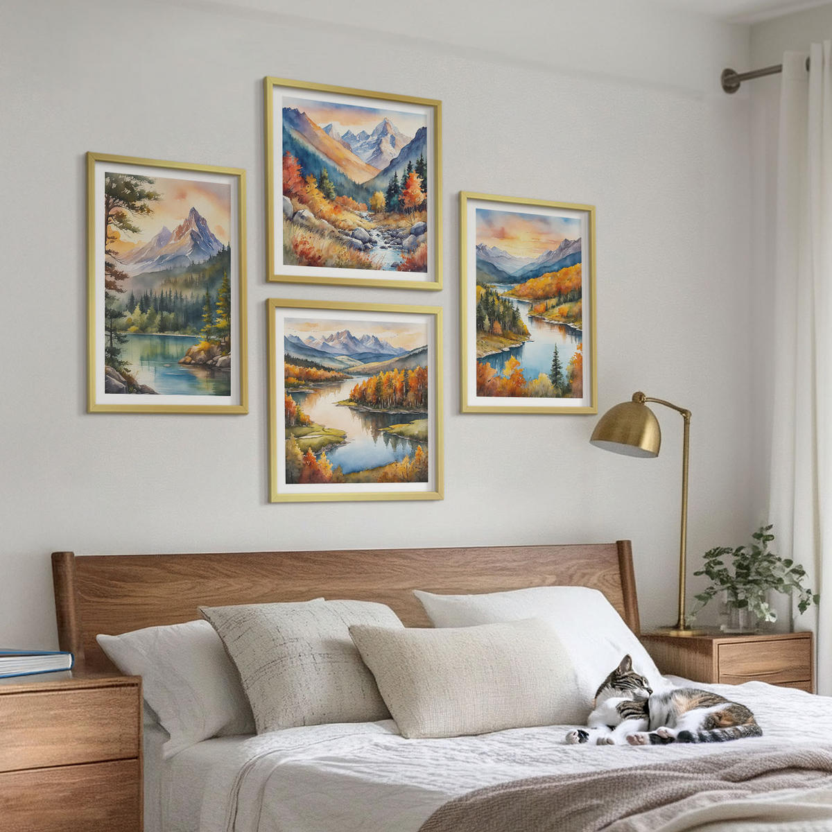 WANDBILDER 4er Set - 50x50 cm & 40x60 cm Goldrahmen - Berglandschaften mit einem Fluss - Goldfarben, Kunststoff (50/50cm) - ArtPrintCave