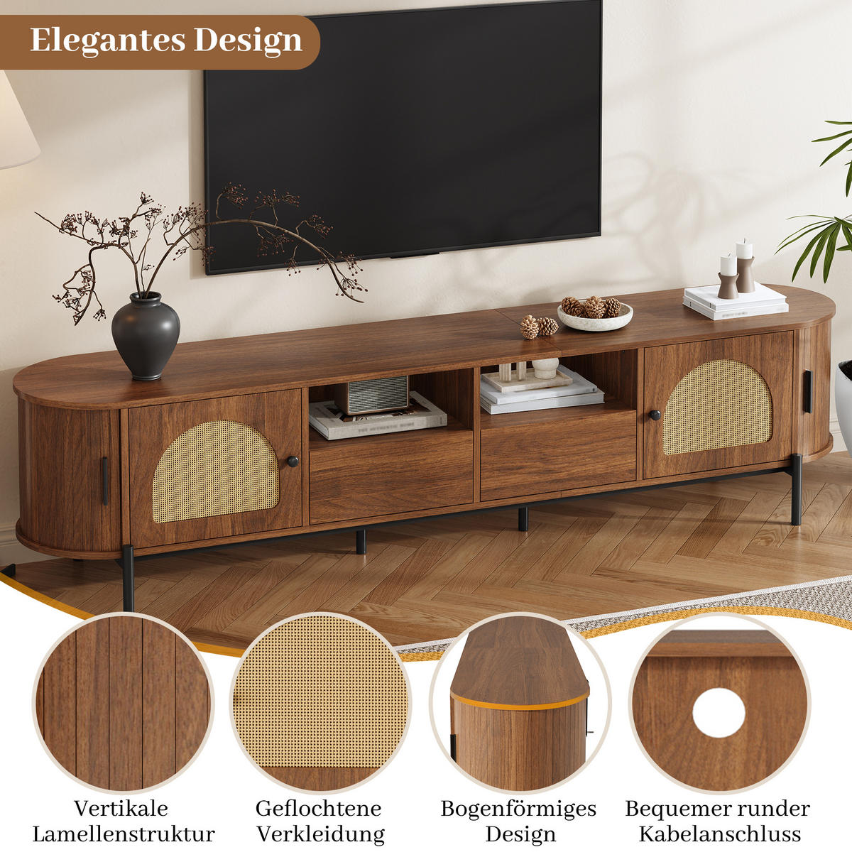 TV-SCHRANK Oval Rattan Schiebetüren Metallbeine modern - Walnussfarben, Holzwerkstoff (40/49.5/200cm) - FLIEKS