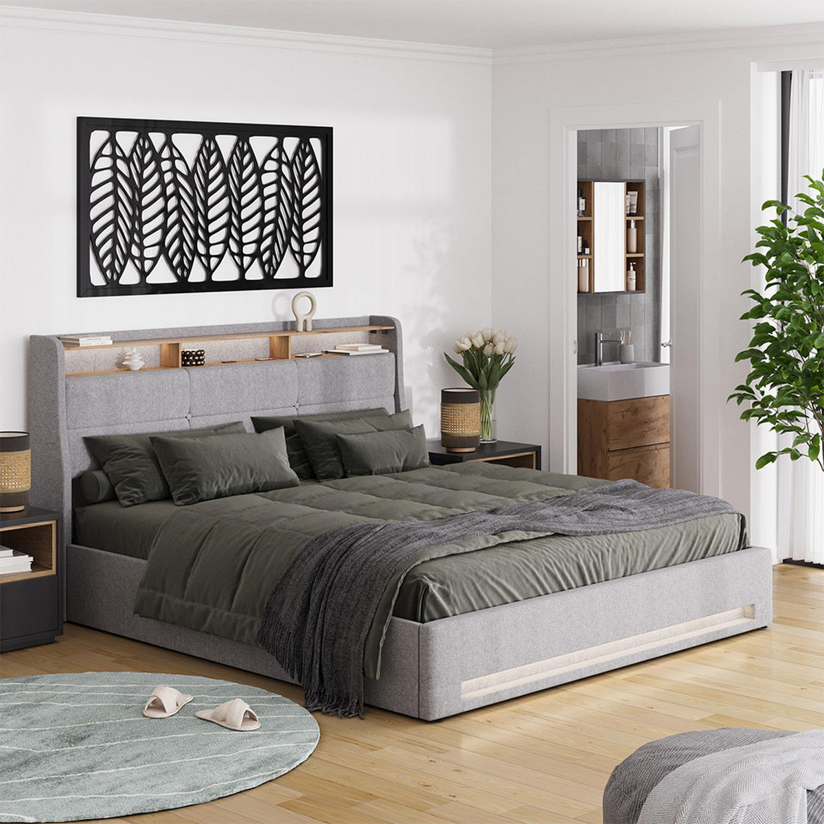 ČALOUNĚNÁ POSTEL Christin Šedá/dubová - šedá, kompozitní dřevo - VitaliSpa