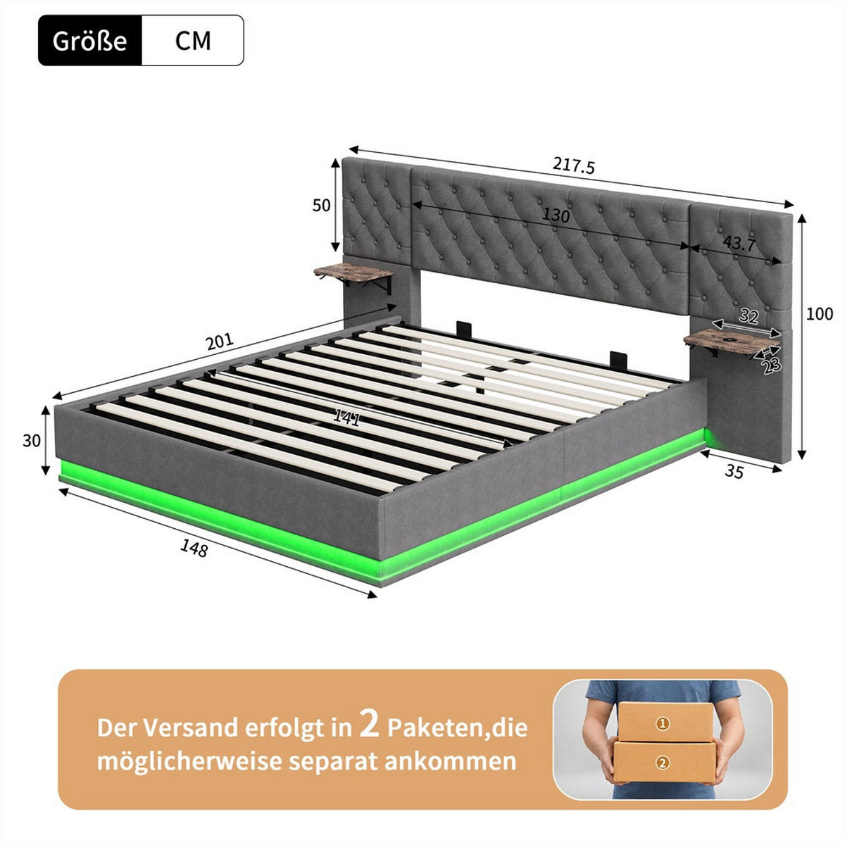 POLSTERBETT 140x200cm mit USB- & Type-C Ladeanschluss -Hydraulik-Stauraum und LED-Beleuchtung - Grau - Grau, Textil (140/200cm) - DELFA