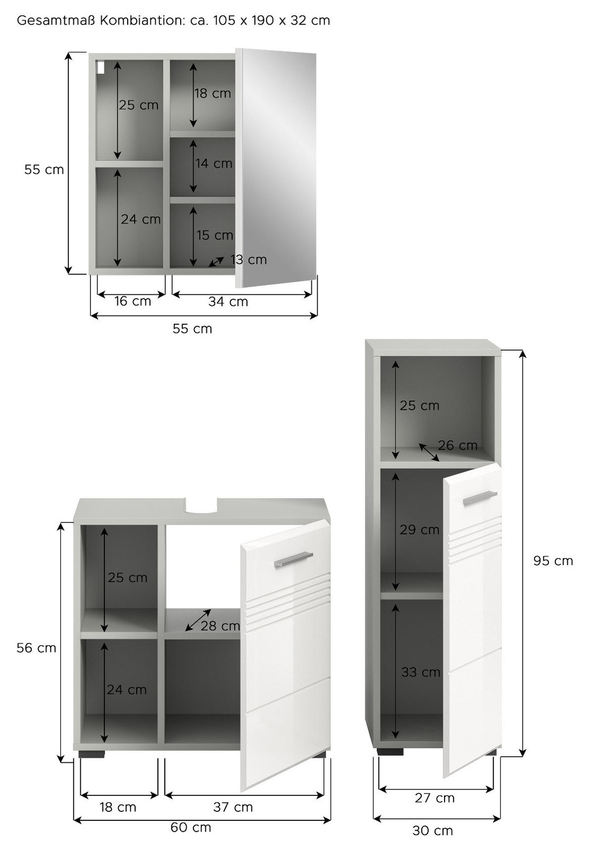 BADMÖBEL-SET 3-teilig weiß Hochglanz, grau 105 cm, Komplettset mit Soft-Close - Weiß Hochglanz/Grau, Glas/Holzwerkstoff (105/190/32cm) - Inn.Furn