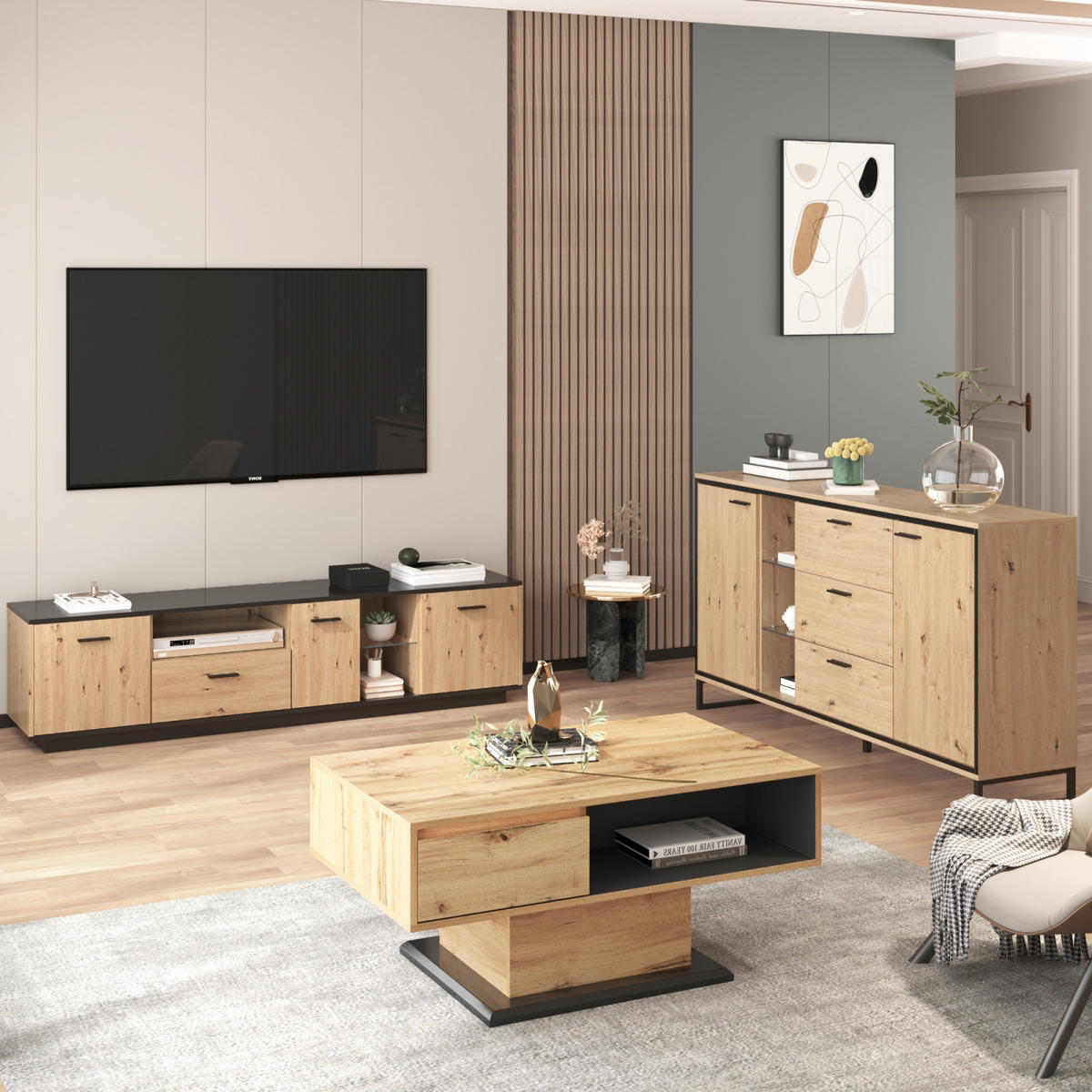 SIDEBOARD Naturfarben, 3 Schubladen, 2 Türen, verstellbarer Boden - Kastanienfarben, Holz (160/85/40cm)