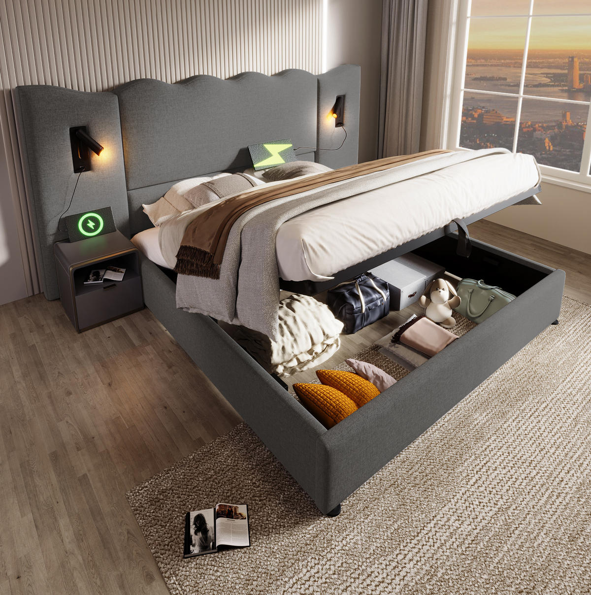 POLSTERBETT 160/200 cm mit Bettkasten, USB-C und Leselampe, inkl. Lattenrost - Grau, Textil (160/200cm) - BEAOK