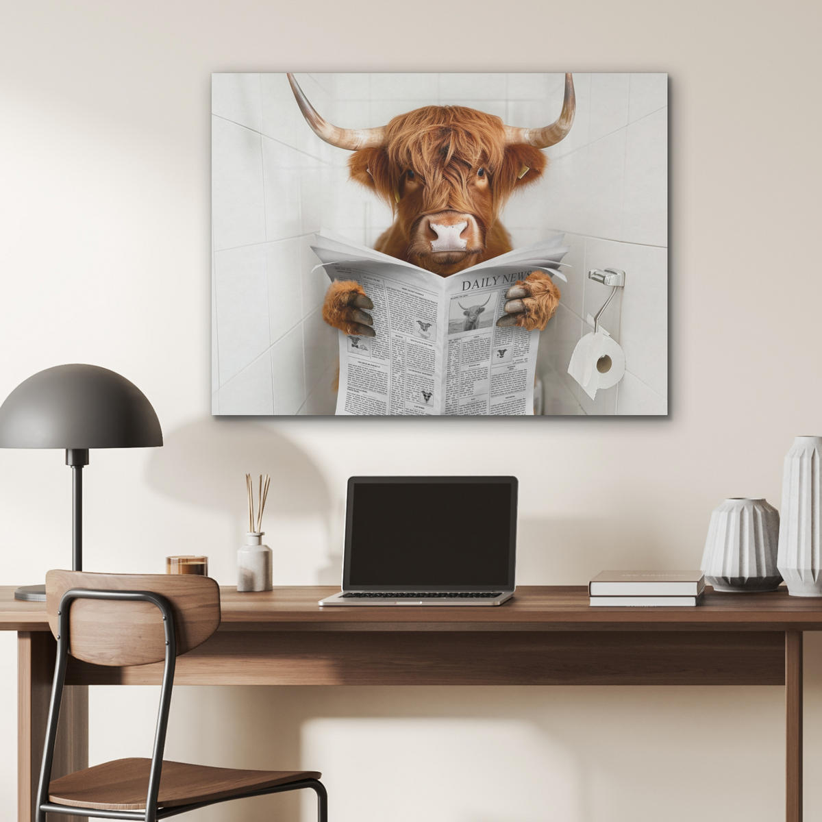 AKUSTIKPANEEL Schottisches Hochlandrind - Tier - Zeitung - Toilette 80x60 cm - Kastanienfarben, Textil (80/0.9/60cm) - MuchoWow