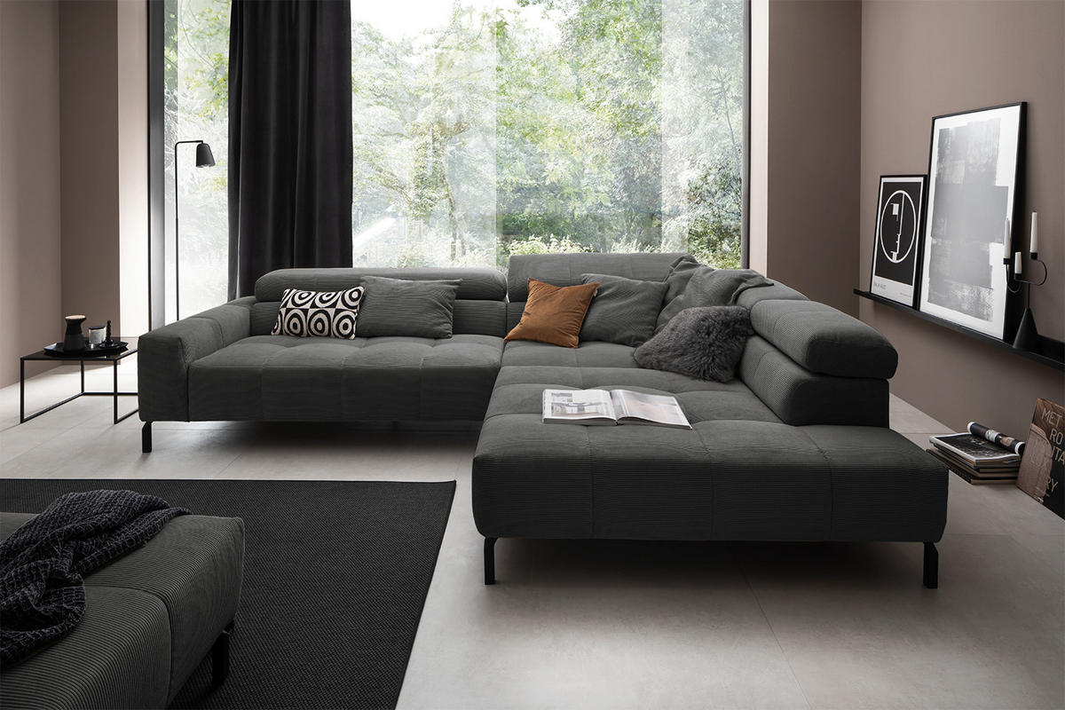 ECKSOFA MIT MOTORISCHEM SITZVORZUG OHIO Anthrazit Cord - Anthrazit/Schwarz, Textil/Metall (311/219cm) - KAWOLA