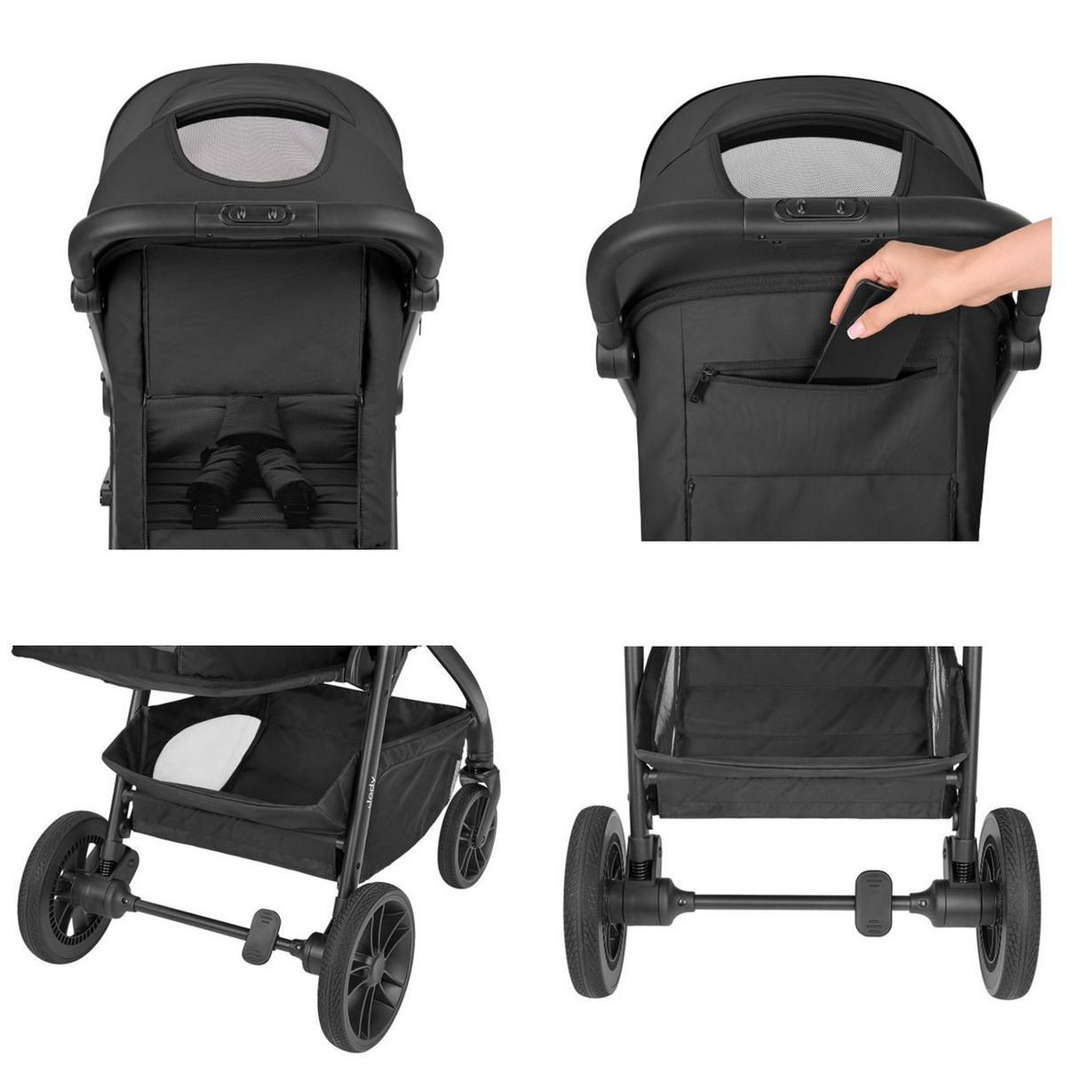 KINDERWAGEN, Buggy Jody schwarz PU-Räder Federung Hinterradbremse 5-Punkt-Gurt - Schwarz, Metall (89/54/105cm) - Kikka boo