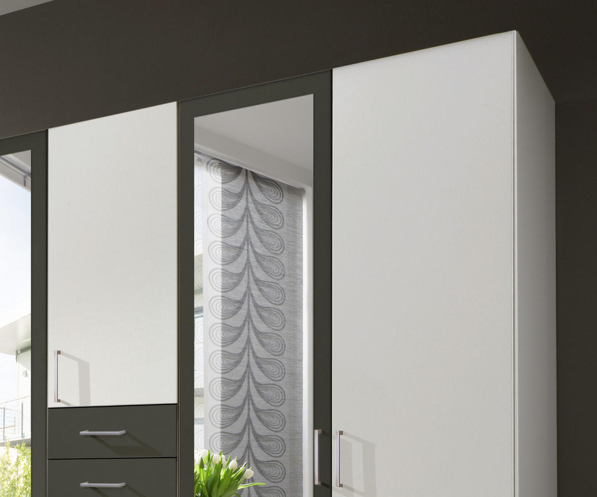 DREHTÜRENSCHRANK Kleiderschrank B225/H208/T58 cm mit Schubkästen & 2 Spiegeltüren, Weiß mit Absetzungen in Grafit / 22590 - Silberfarben/Graphitfarben, Holzwerkstoff/Kunststoff (225/208/58cm) - luma-home