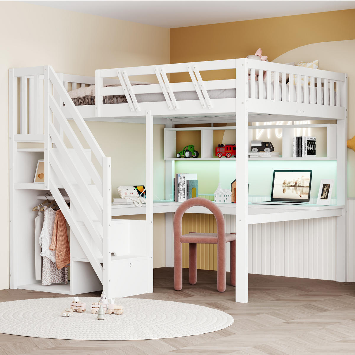 HOCHBETT 140/200 cm DE-01497, in Weiß, mit Aufbewahrungstreppe, Schreibtisch und LED-Licht - Weiß, Holz (140/200cm) - ComfortXL