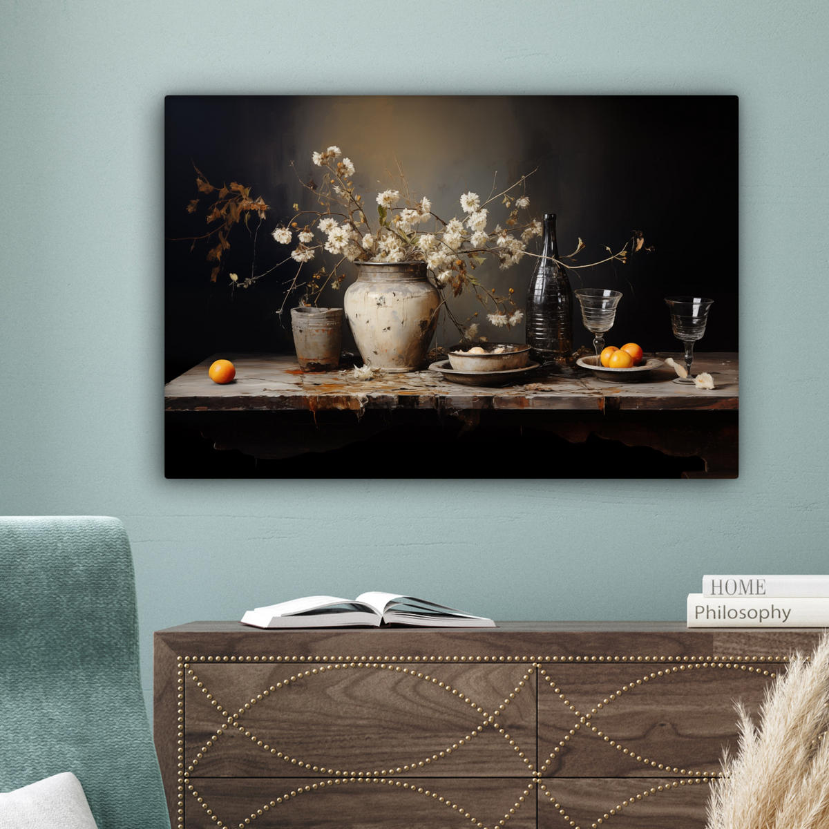 LEINWANDBILD Stilleben - Blumen - Blumenstrauß - Vase - Wein Gemälde 60x40 cm - Schwarz, Textil (60/40cm) - MuchoWow