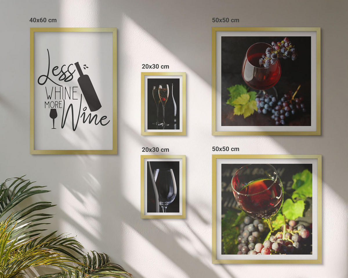 WANDBILDER 5er Set - 50x50 cm & 20x30 cm & 40x60 cm Goldrahmen - Weingläser mit Trauben und Inschrift - Goldfarben, Kunststoff (40/60cm) - ArtPrintCave