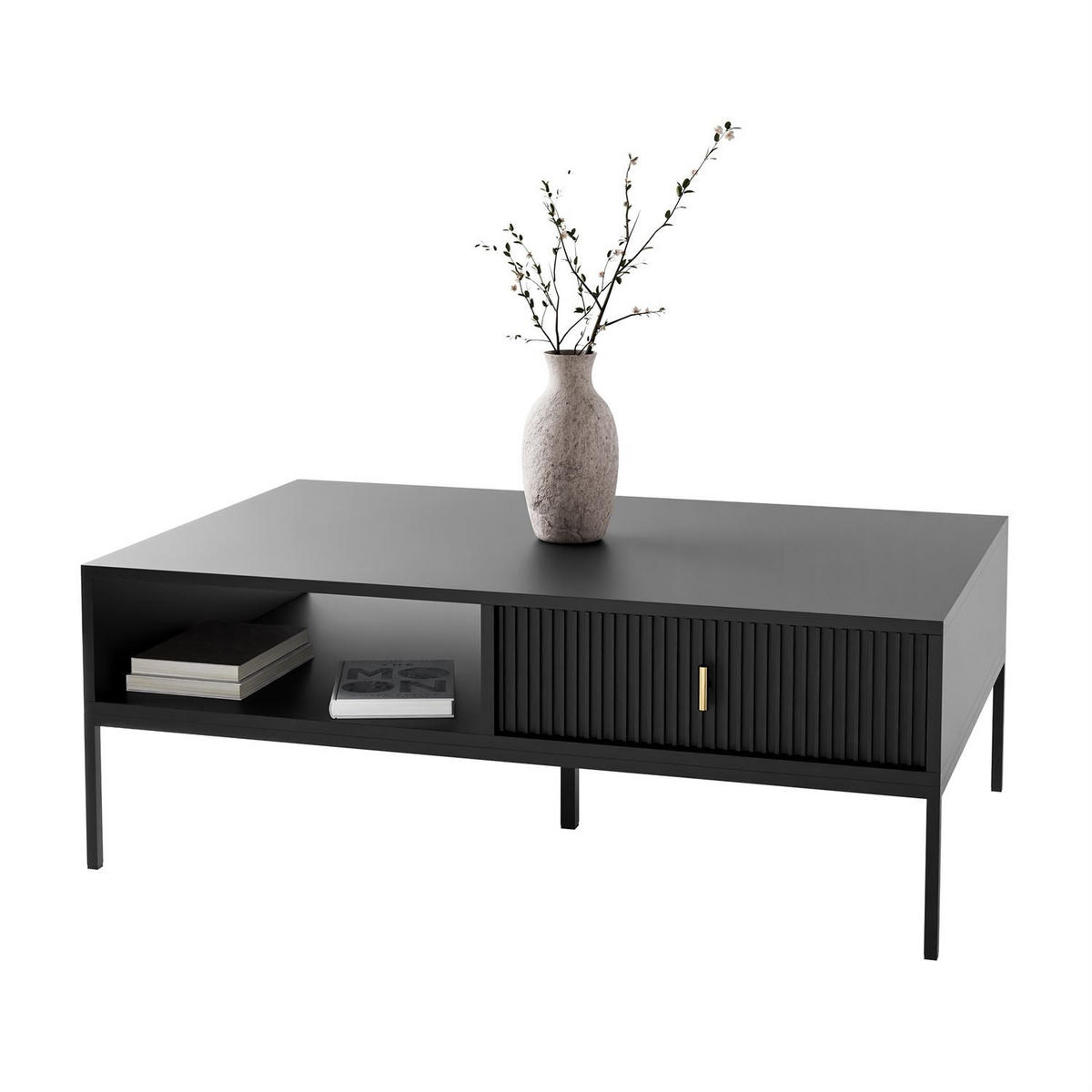COUCHTISCH MIDNIGHT mit Schublade auf Gestell schwarz - Schwarz, Holzwerkstoff (68/104/39cm) - Lookway