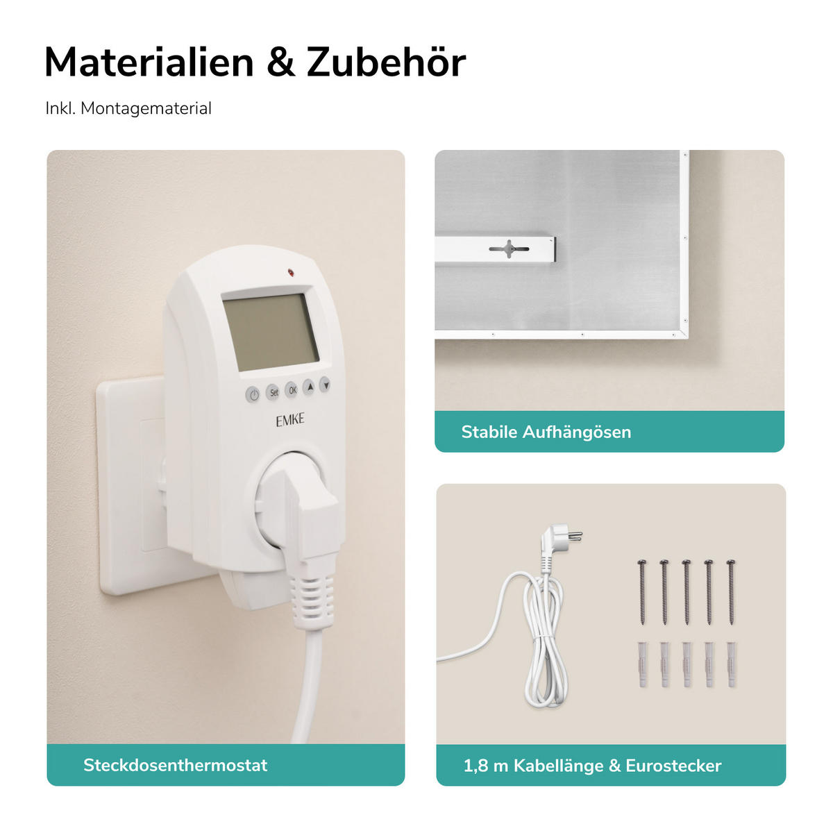 WANDKONVEKTOR Elektrisch mit App Steuerung, Thermostat, 119,5/59,5/1,8 cm - Weiß, Kunststoff/Metall (119.5/59.5/1.8cm) - EMKE
