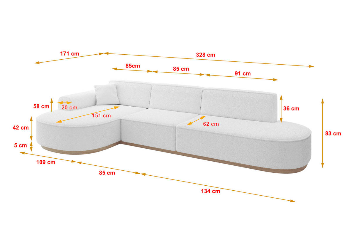 ECKSOFA Ottomane Links MARI-L2-v1 - 328x171x83 cm Weiß Bouclé - Weiß, Holzwerkstoff/Textil (328/171cm) - ALTDECOR