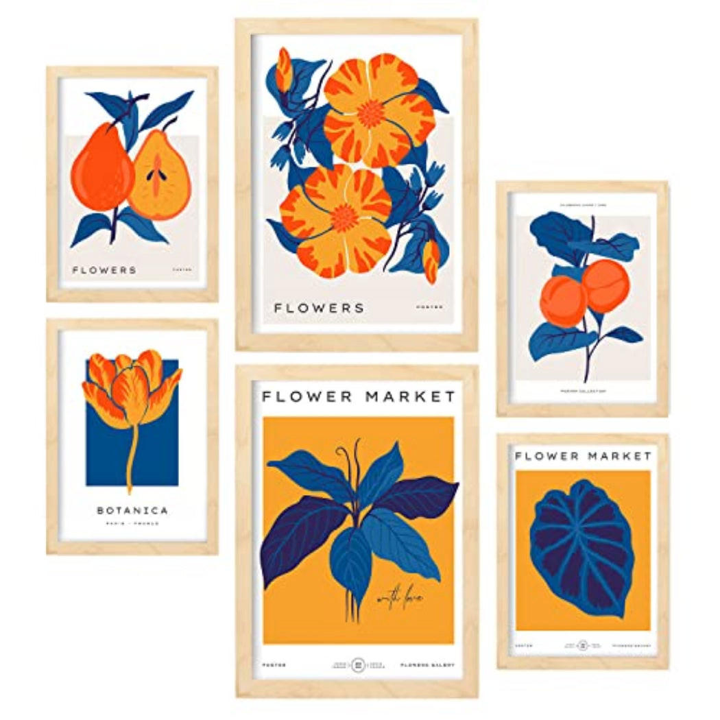 POSTER Set Mit 6 Blumen Oranger Dschungel Natur Und Botanikdrucke Für Innenarchitektur A3 & A4 Rahmen Aus Hellem Holz - Beige, Papier (29/3cm) - Nacnic