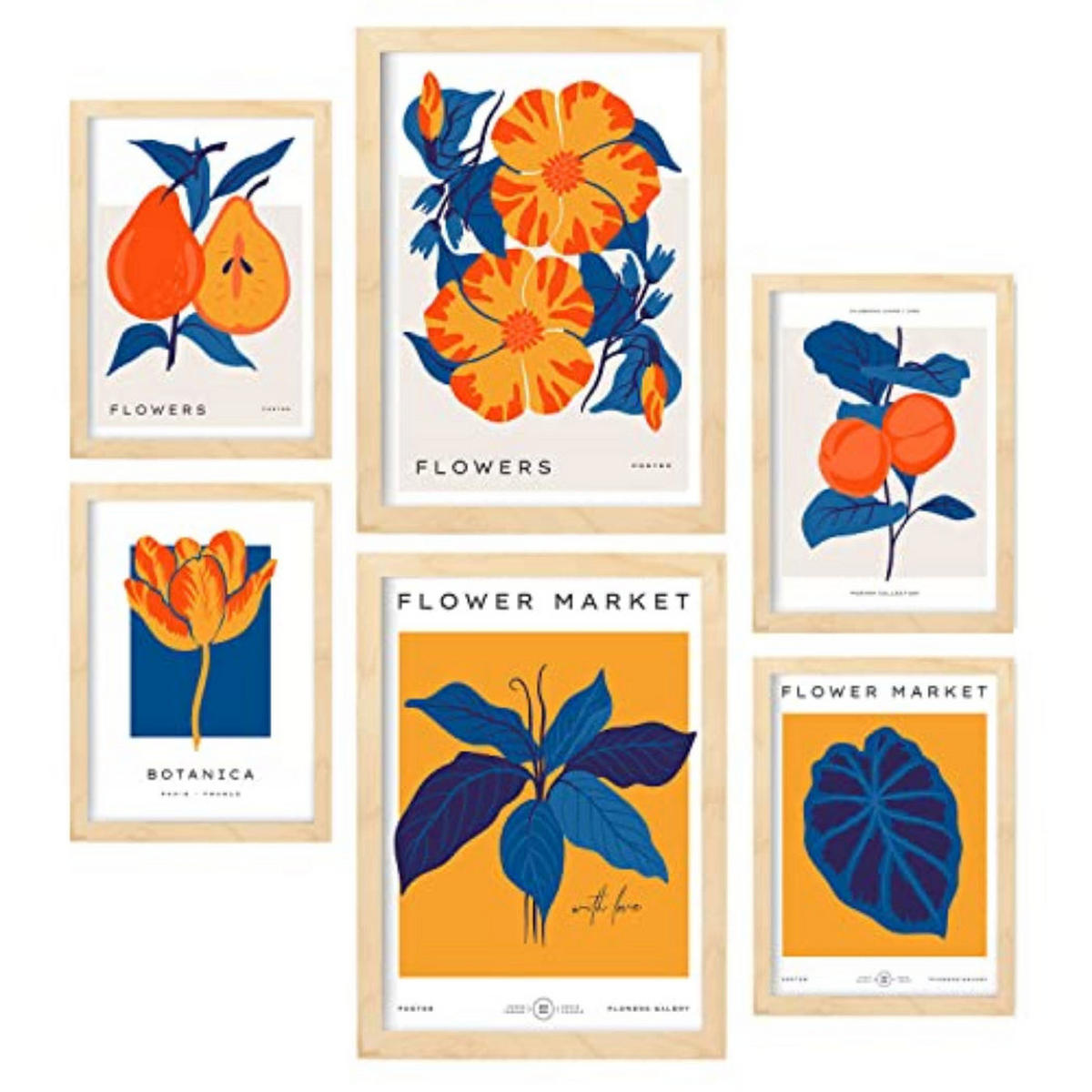 POSTER Set Mit 6 Blumen Oranger Dschungel Natur Und Botanikdrucke Für Innenarchitektur A3 & A4 Rahmen Aus Hellem Holz - Beige, Papier (29/3cm) - Nacnic