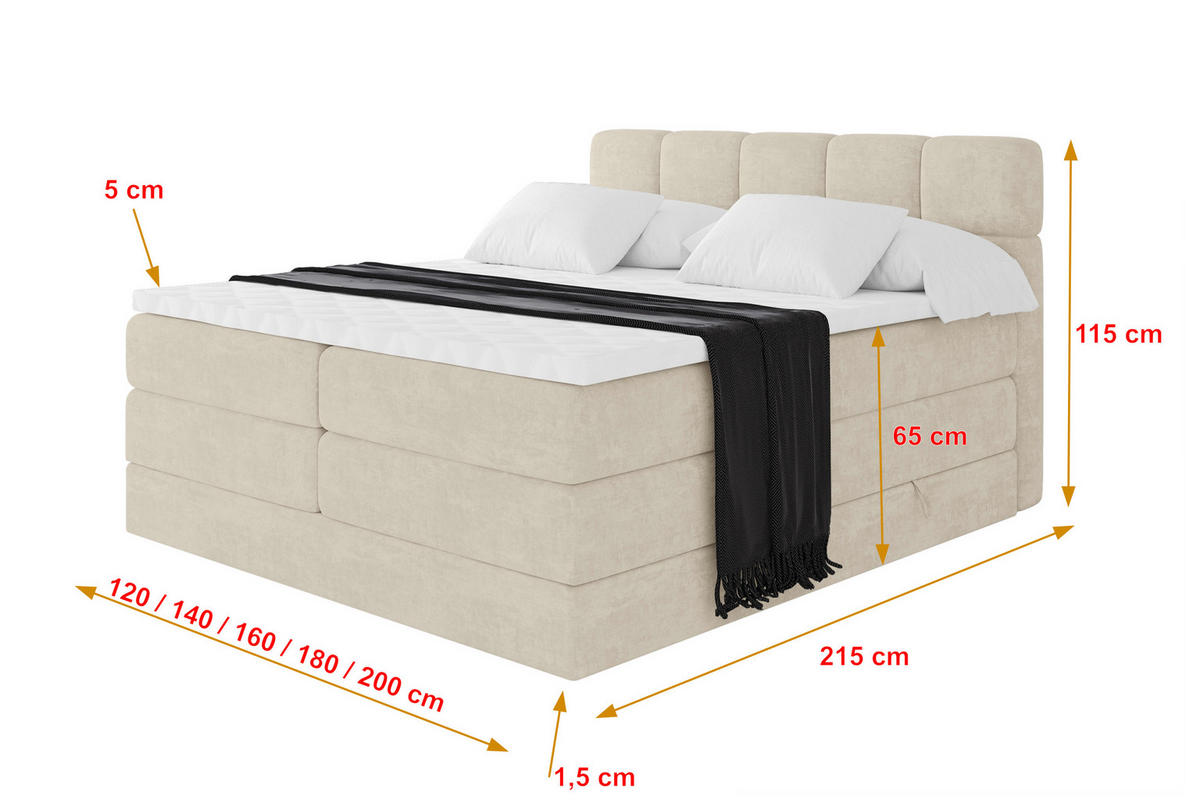 BOXBETT mit Matratze H3/H4 - FAMA KING - 160x200 cm Beige Monolith - Sahara, Holzwerkstoff (160/200cm) - ALTDECOR