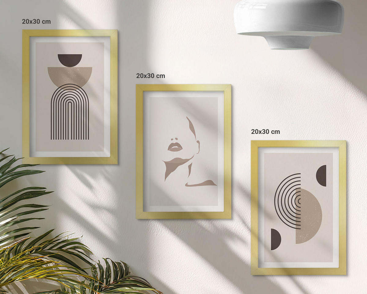 BILDER SET 3er Set - 20x30 cm Goldrahmen - Abstrakte Formen und Gesicht - Goldfarben, Kunststoff (20/30cm) - TULUP