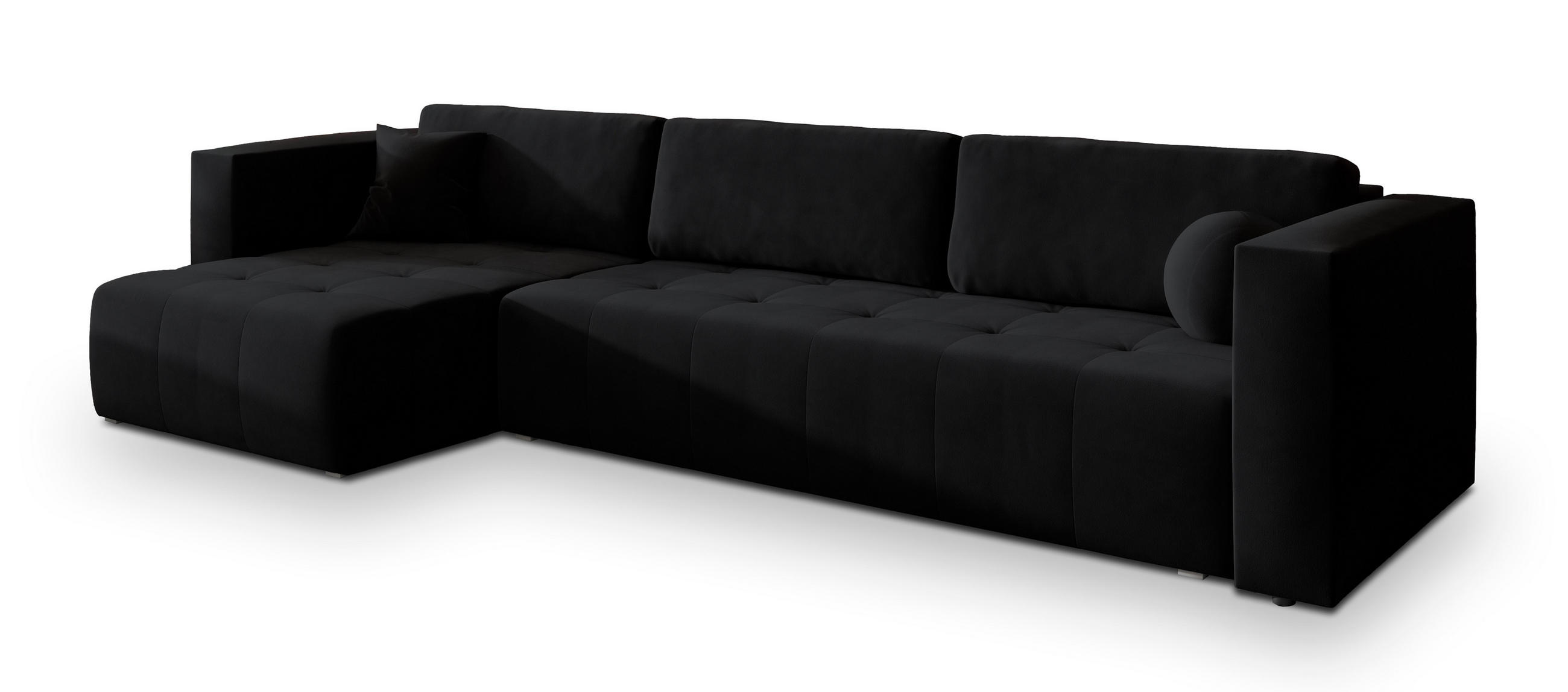 ECKSOFA OLVERA Schwarz Plüsch-Stoff mit Schlaffunktion - Schwarz, Holz (347/148cm) - MASSENO