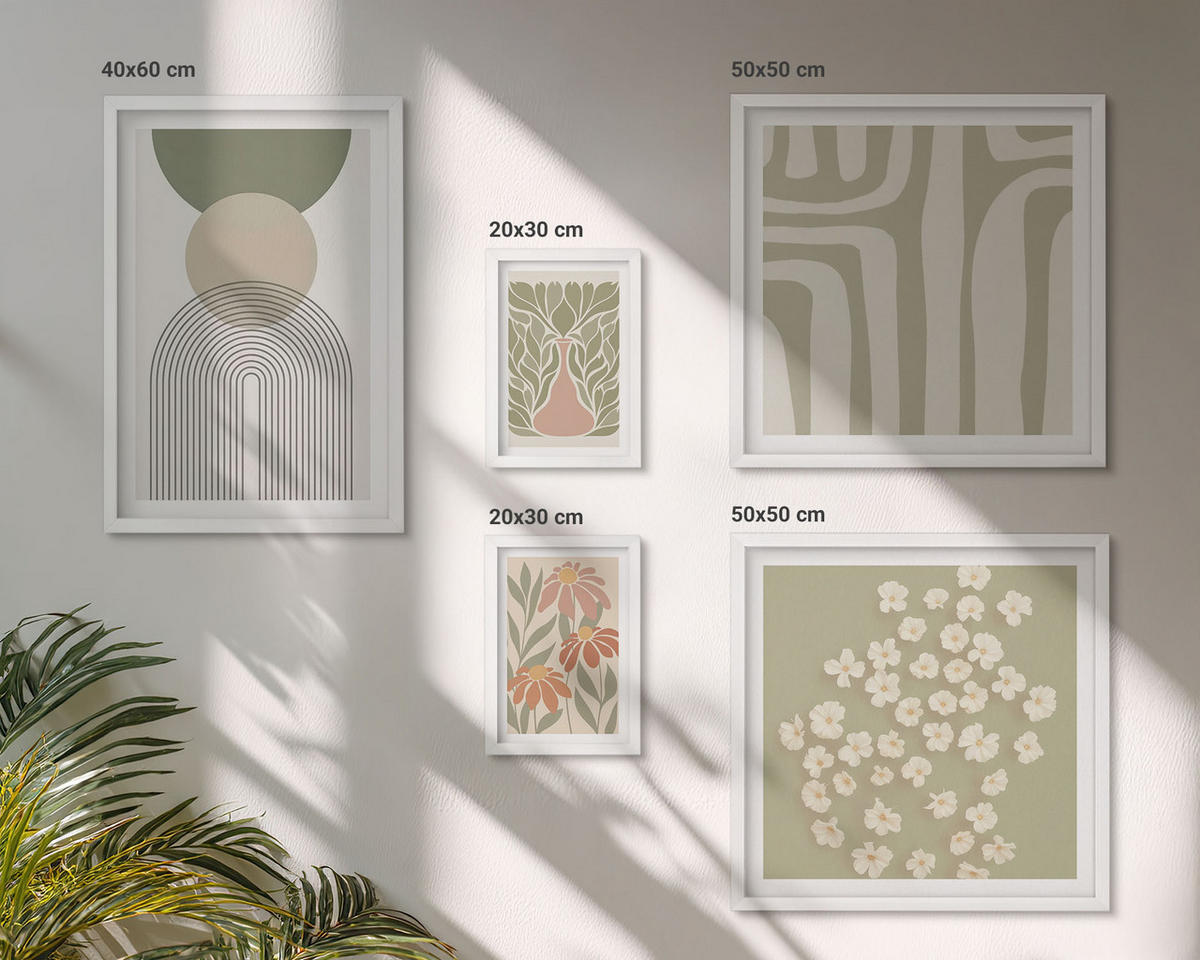 BILDER SET 5er Set - 50x50 cm & 20x30 cm & 40x60 cm Weißer Rahmen - Floraler minimalistischer Boho-Stil - Weiß, Kunststoff (40/60cm) - TULUP