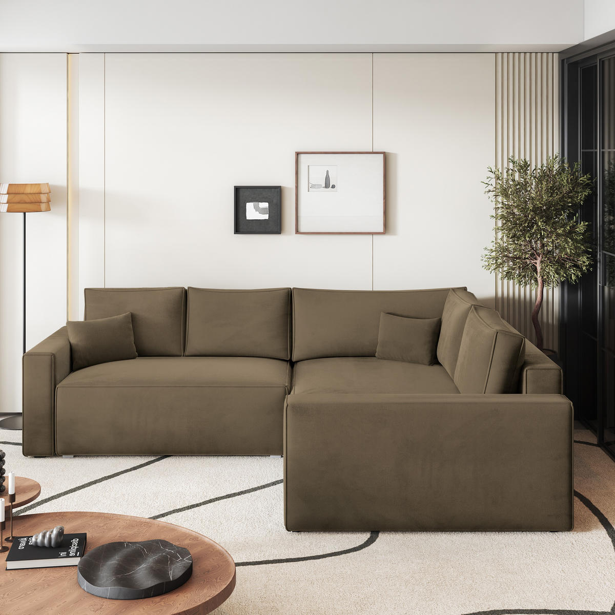 ECKSOFA ERONIS R-S Beige Velours-Stoff mit Schlaffunktion - Beige, Holz (265/194cm) - MASSENO