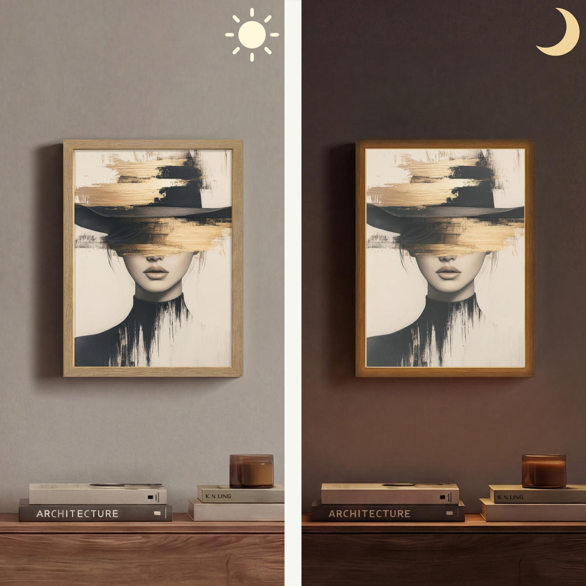 NÁSTĚNNÁ LAMPA S AKUMULÁTOREM Žena - klobouk - barva 30x40 cm - krémová, kompozitní dřevo (30/40/8cm) - OnlyWow