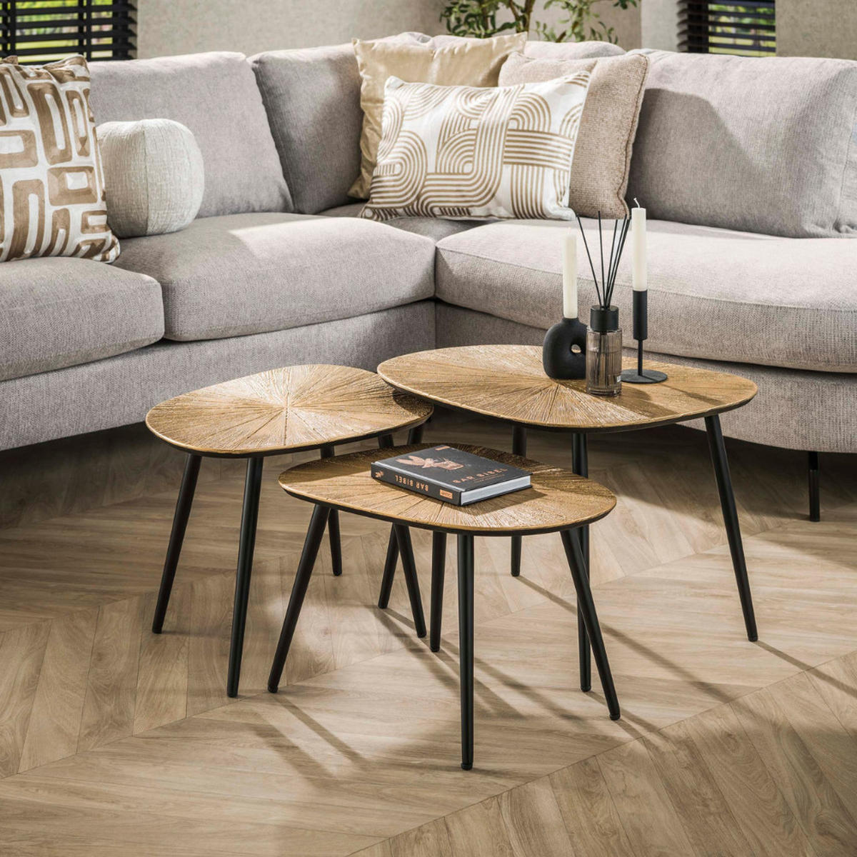 COUCHTISCH-SET TIZIANO RAGGIO 3-teilige Soft-Square Satztische in Antikgold - Goldfarben, Holz (51/62/43cm) - alesvelt