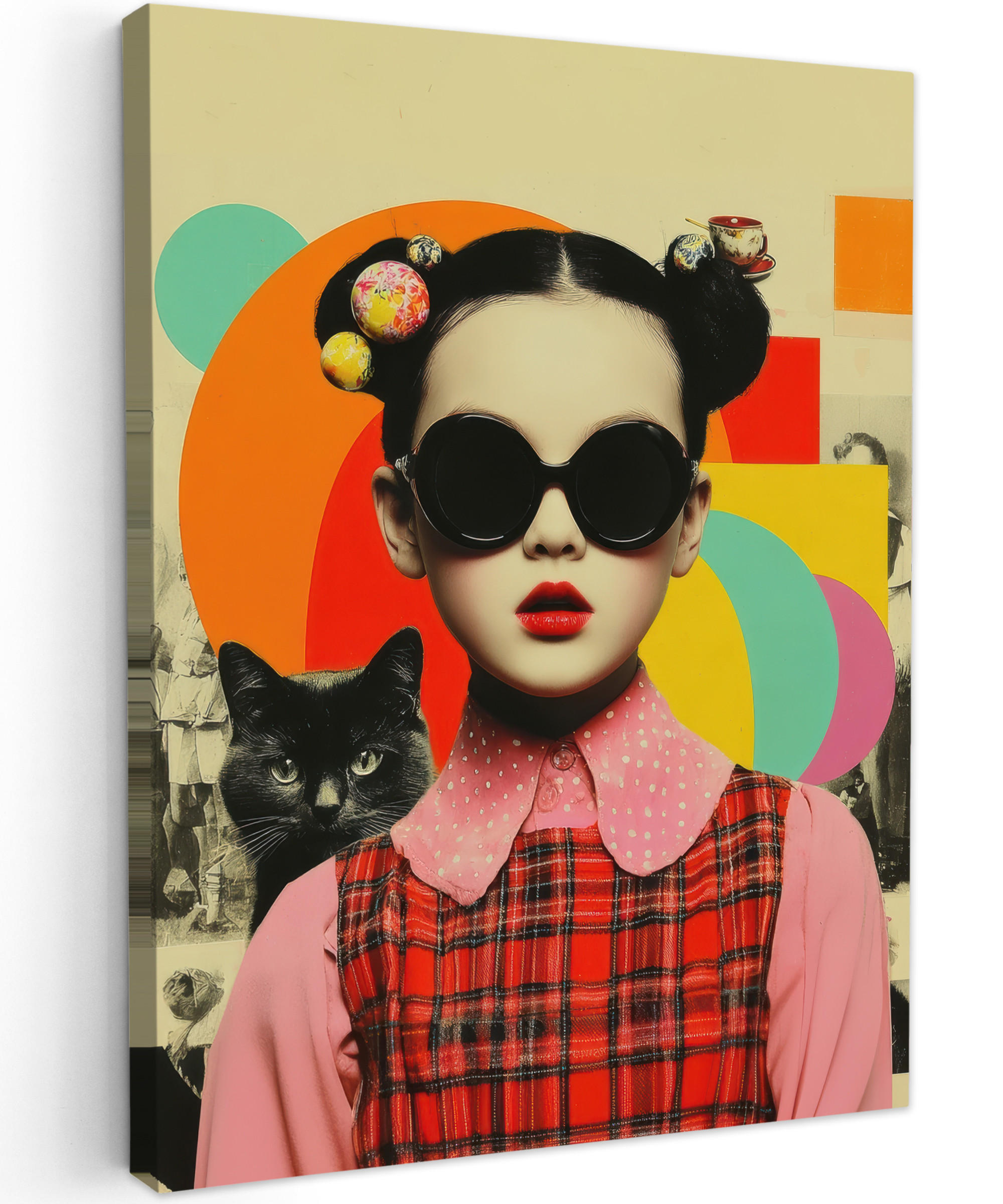 LEINWANDBILD Mädchen - Sonnenbrille - Katze - Retro Room Decor 30x40 cm - Beige, Textil (30/40cm) - MuchoWow