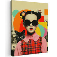 LEINWANDBILD Mädchen - Sonnenbrille - Katze - Retro Room Decor 30x40 cm - Beige, Textil (30/40cm) - MuchoWow